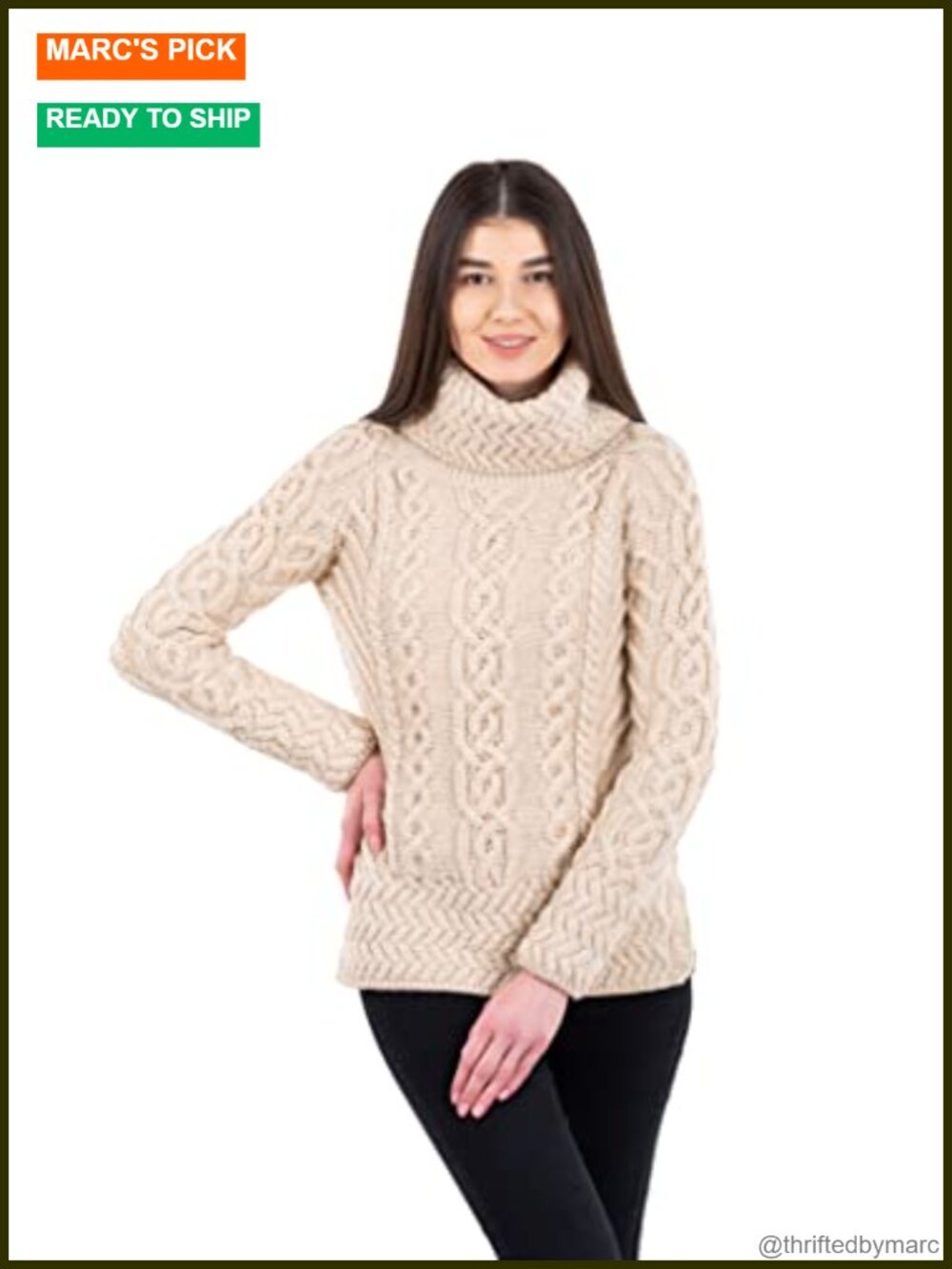 100% Merino Wool Aran Irish Fisherman Cable Knit Funnel Neck Pullover Sweater